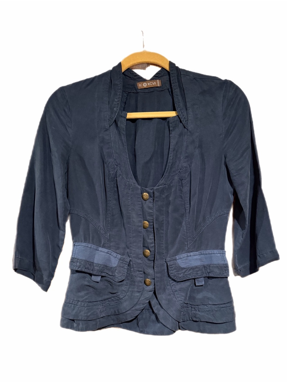 XCVI Navy Utility Jacket Blazer 3/4 Sleeve Multi-Pocket XS